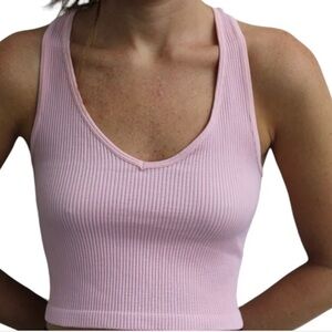 Ribbed Pink V Neck Racerback Tank